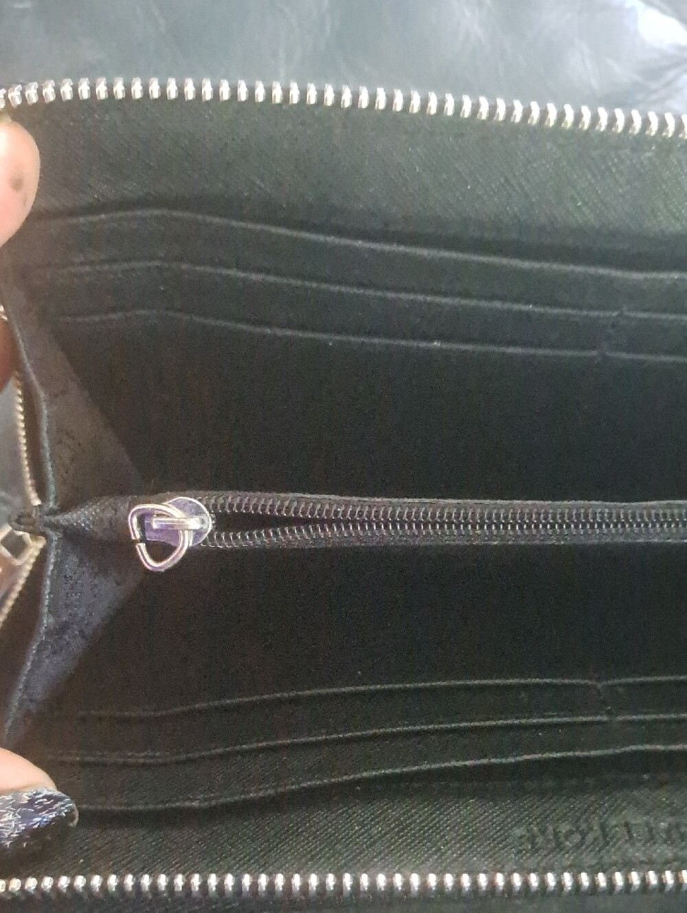Hand Painted Leather Black Floral & Bee Zip Wallet with Blue and Purple Accents - Picture 5 of 9